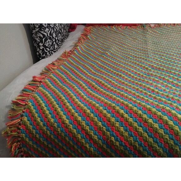 Vintage Handmade Crochet Afghan Blanket Blue Green Pink Yellow Neon 68”x 51" - Picture 8 of 13